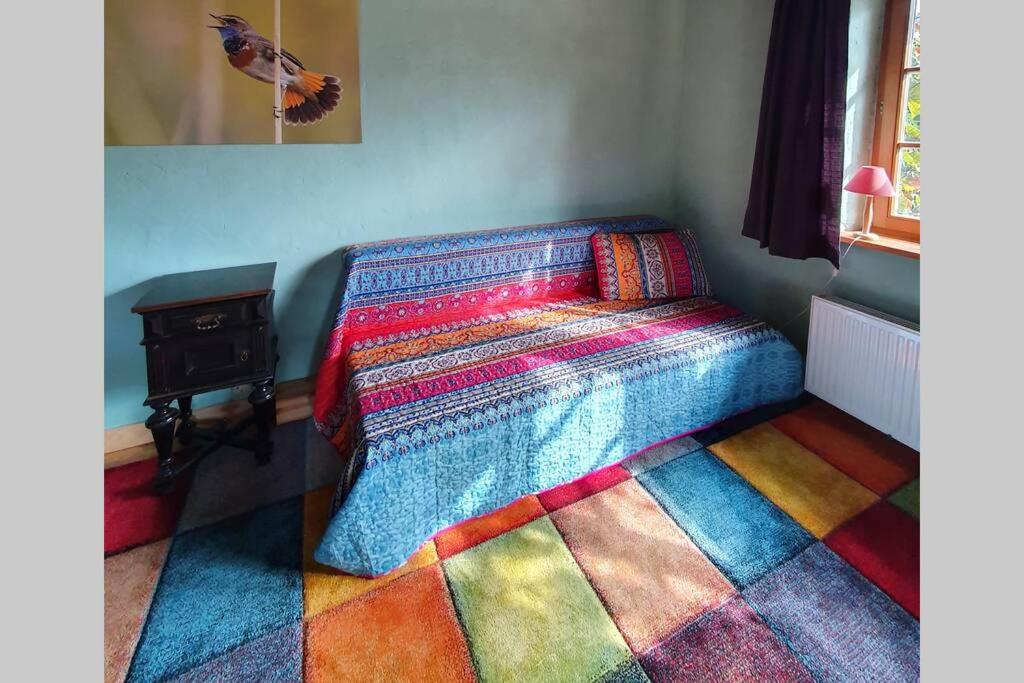 a bedroom with a bed with a colorful rug at BlaukehlchenBleibe in Groß Nemerow