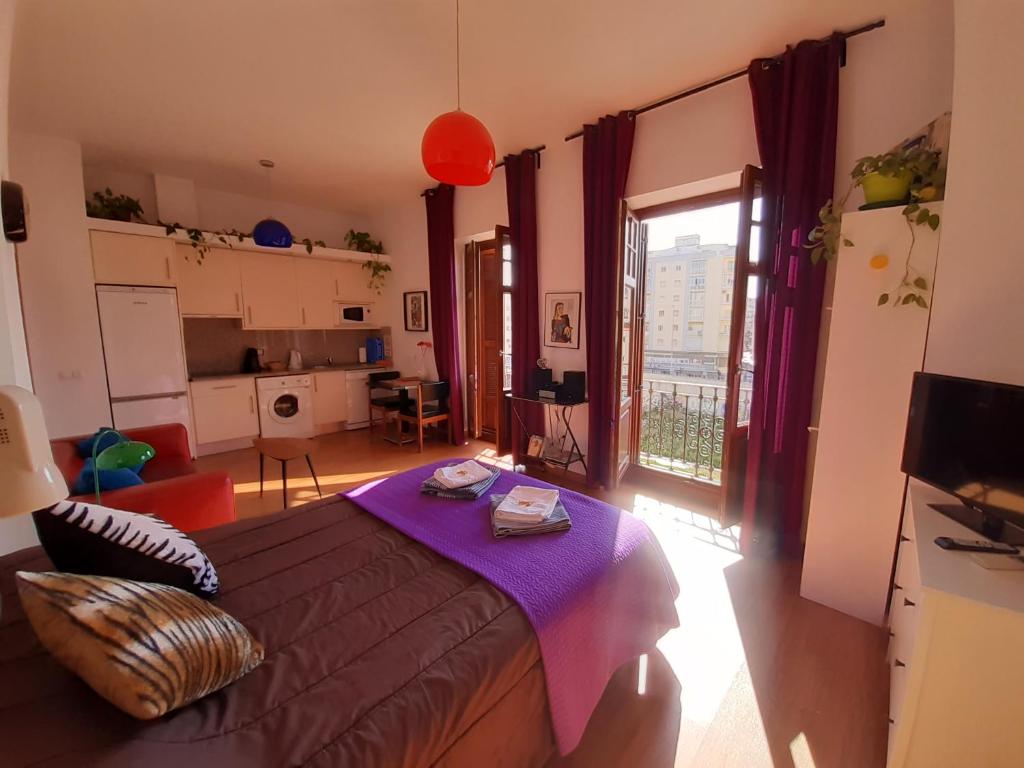 マラガにあるOle Málagaの窓付きの部屋にベッド付きのベッドルーム1室があります。