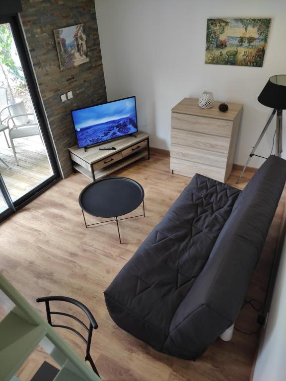 een woonkamer met een bank en een tv bij Petite maison avec jardin DISNEYLAND PARIS in Saint-Augustin
