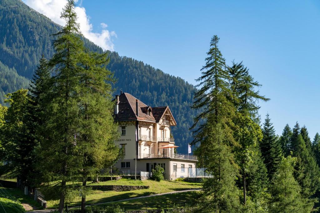 ein großes Haus in den Bergen mit Bäumen in der Unterkunft Villa Pineta in Fusio