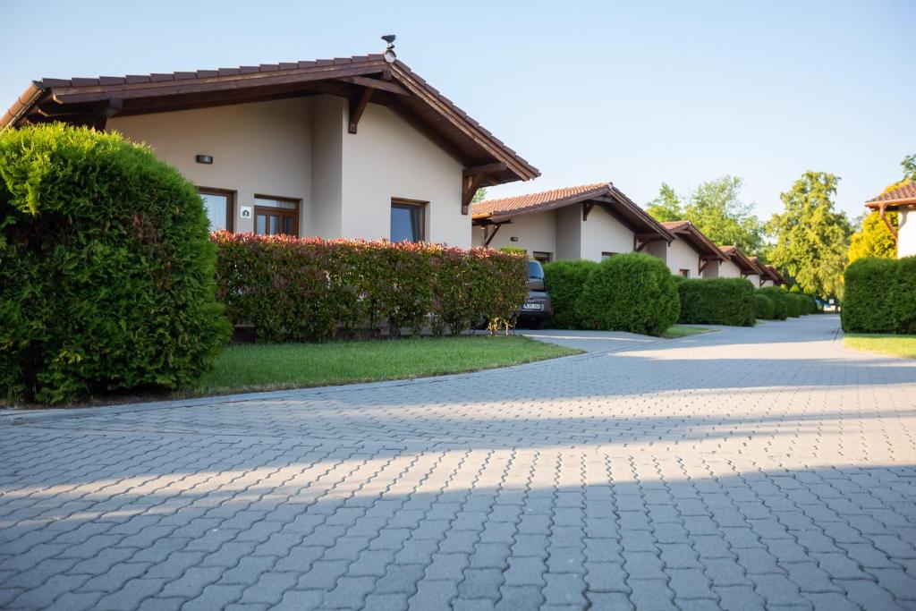 a cobblestone driveway in front of a house at Pandora Zsóry Apartmanok Mezőkövesd in Mezőkövesd