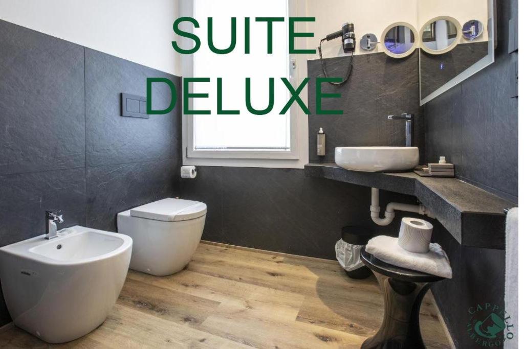 ein Badezimmer mit einer weißen Toilette und einem Waschbecken in der Unterkunft Albergo Cappello e Cadore in Belluno