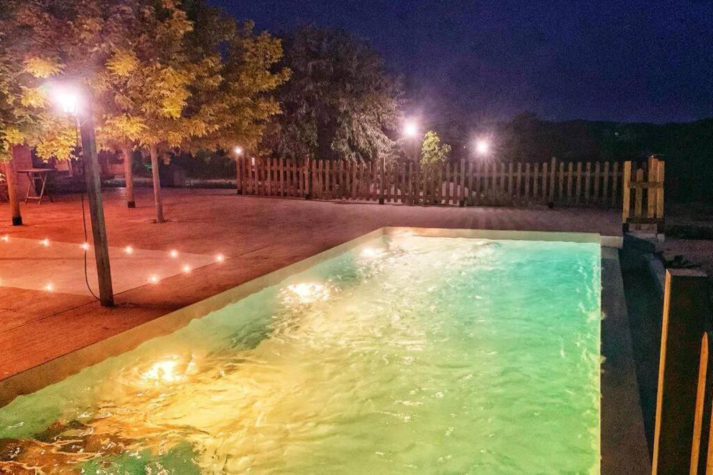a swimming pool in a yard at night at Casa rural Gómez de Hita in Caravaca de la Cruz