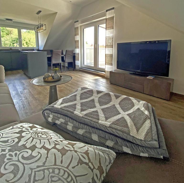 a living room with a large flat screen tv at Babenberg in Bamberg