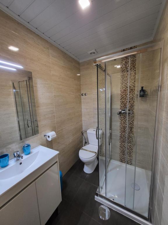 a bathroom with a shower and a toilet and a sink at Casa Borges in Charneca