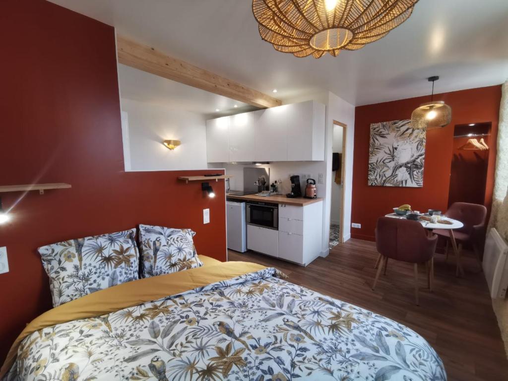 1 dormitorio con 1 cama y cocina pequeña en Les appartements du centre, refaits à neuf, climatisés, hyper centre, 50m à pieds des commerces, restaurants, parking gratuit, en Salies-de-Béarn