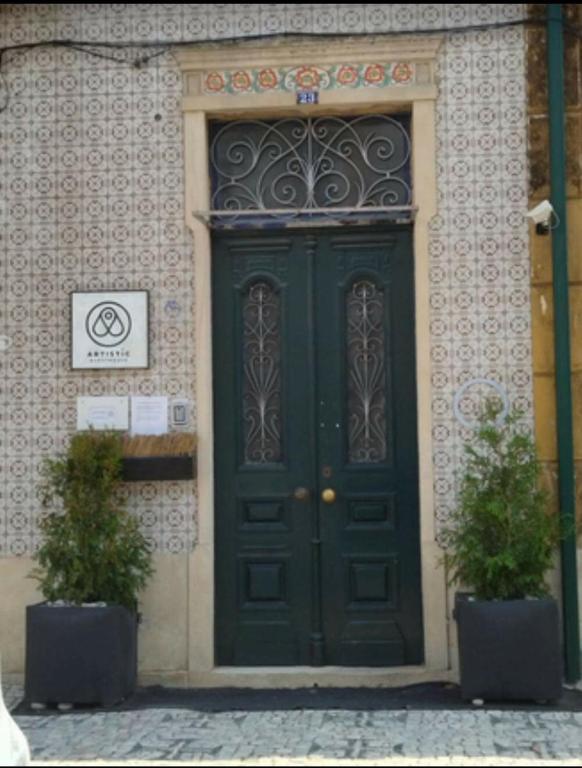 a green door with two potted plants in front of it at ArtisticGuesthouse in Tomar