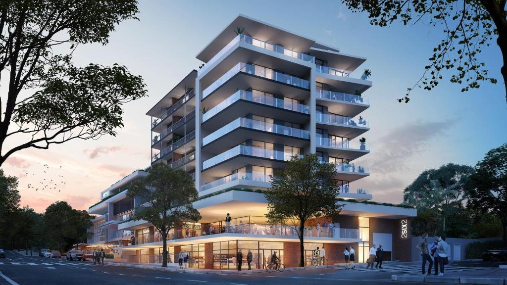 a rendering of a tall building with people standing outside at Glorystar 2Six2 Florida Road in Durban