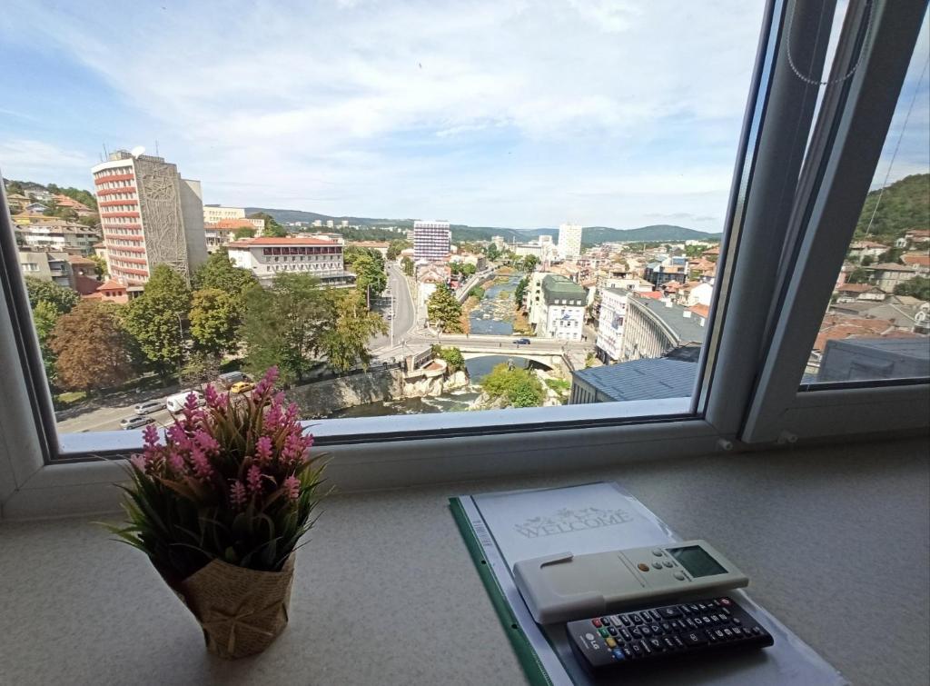 a vase of flowers sitting next to a window at Top center Deluxe apartment in Gabrovo