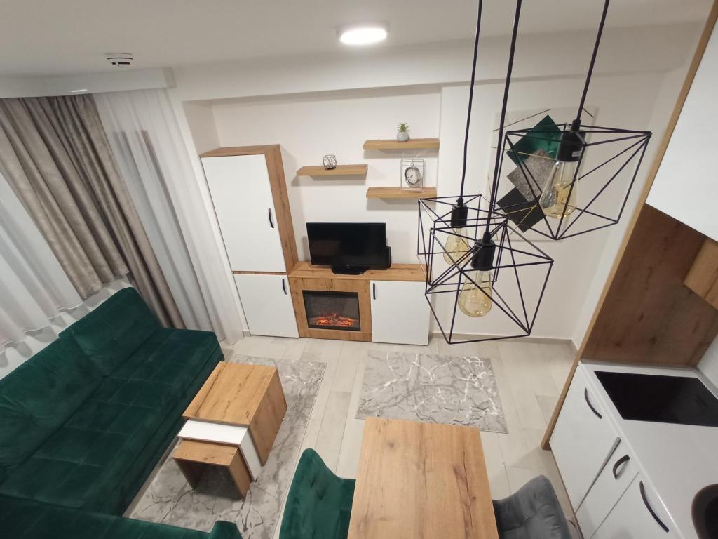 ein Wohnzimmer mit einem grünen Sofa und einem Tisch in der Unterkunft Apartman Zlatibor Philautia in Zlatibor