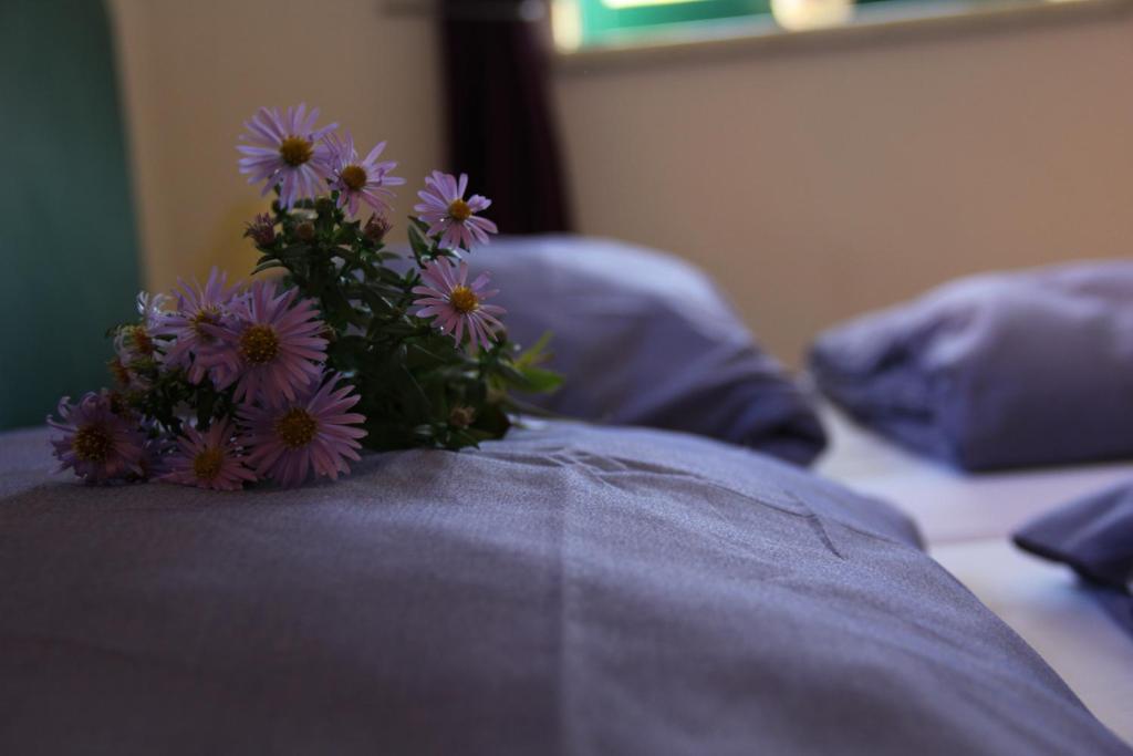 bukiet fioletowych kwiatów siedzących na łóżku w obiekcie Fliederhof w mieście Michendorf
