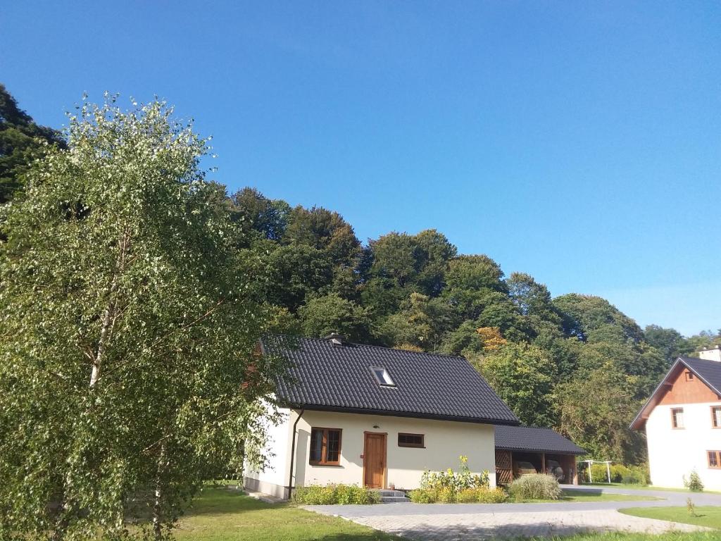 een wit huis met een zwart dak bij Dom Gościnny Poza Czasem in Żubracze