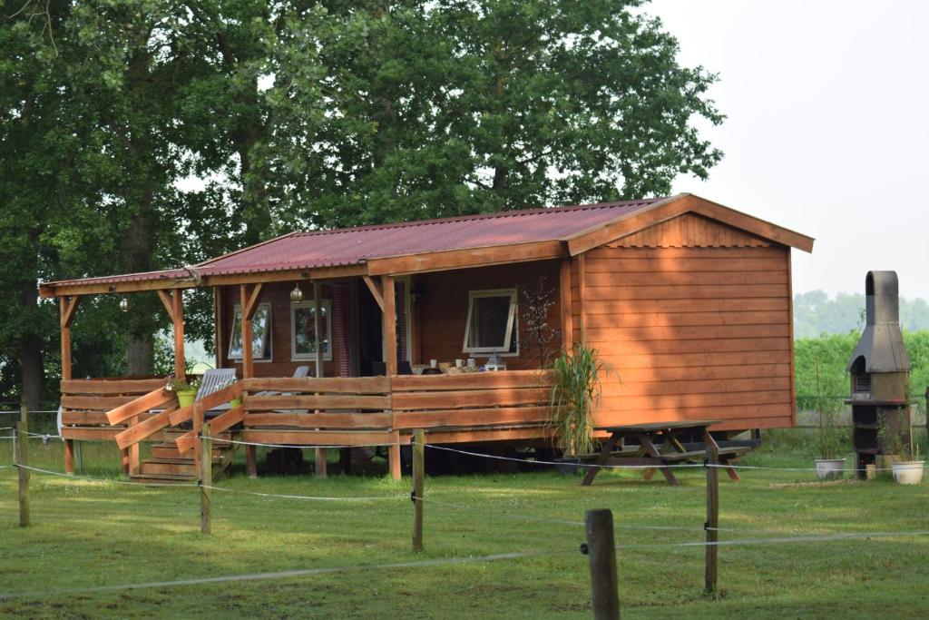 uma pequena cabana de madeira num campo de relva em Tiny House Het Reebokje em Vriescheloo