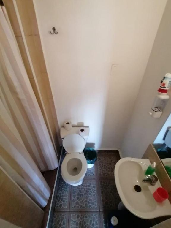 a small bathroom with a toilet and a sink at Aji Hostel in Santiago