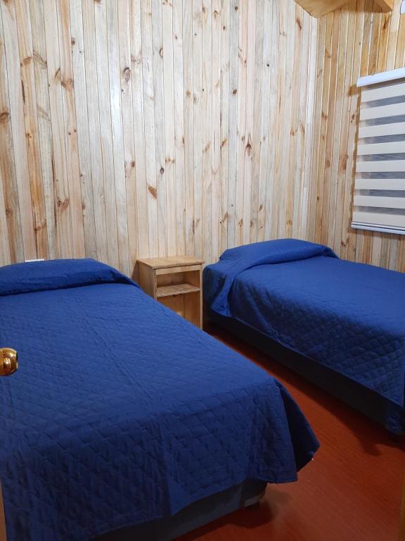 Un dormitorio con dos camas y una pared de madera. en Cabañas Genesis, en Choshuenco