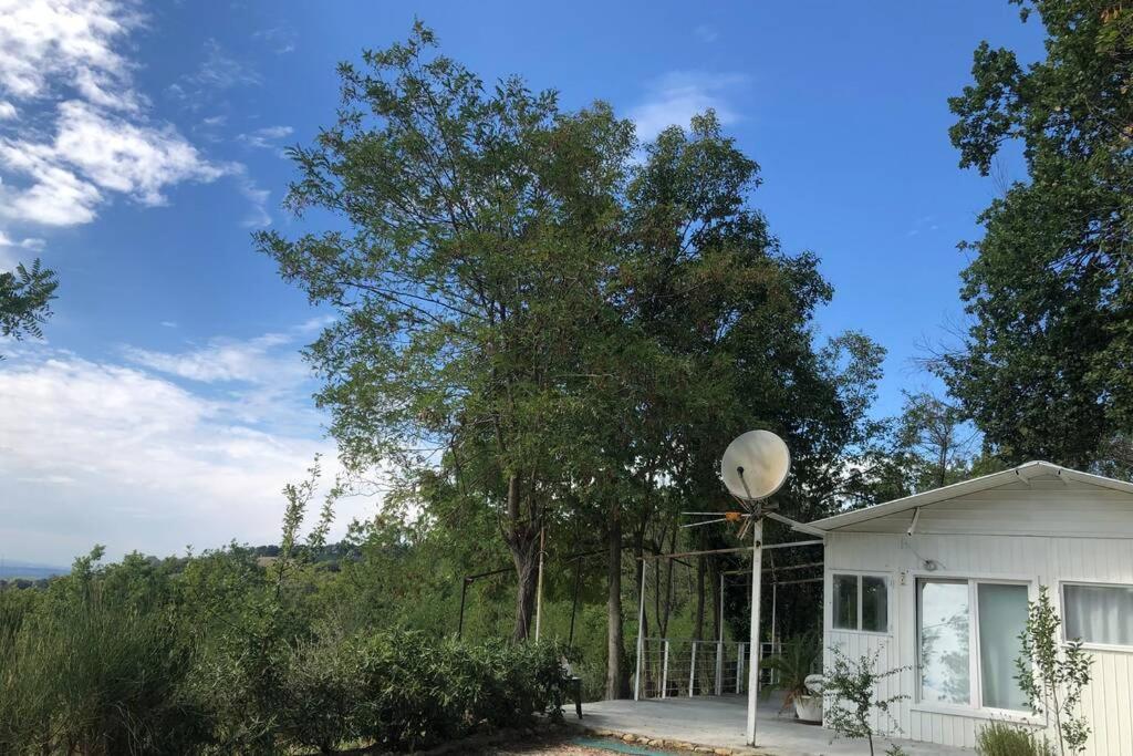 een klein wit huis met een satelliet bij Casa Acacia in Fiorenzuola di Focara