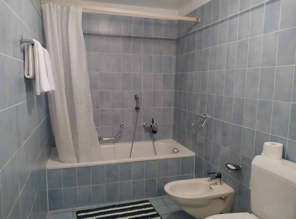 ein blau gefliestes Bad mit einer Badewanne und einem WC in der Unterkunft Albergo Faido in Faido