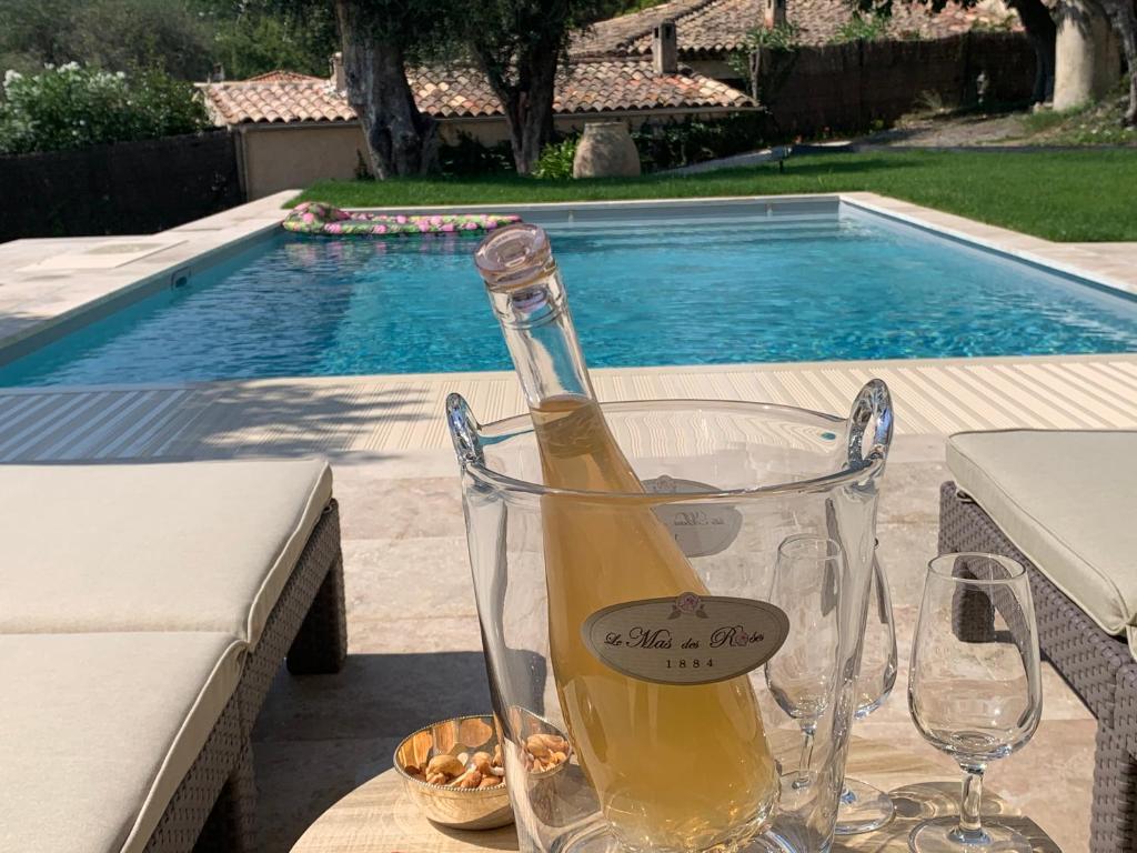 旺斯的住宿－le mas des roses 1884，游泳池附近的桌子上放着一瓶葡萄酒和两杯酒