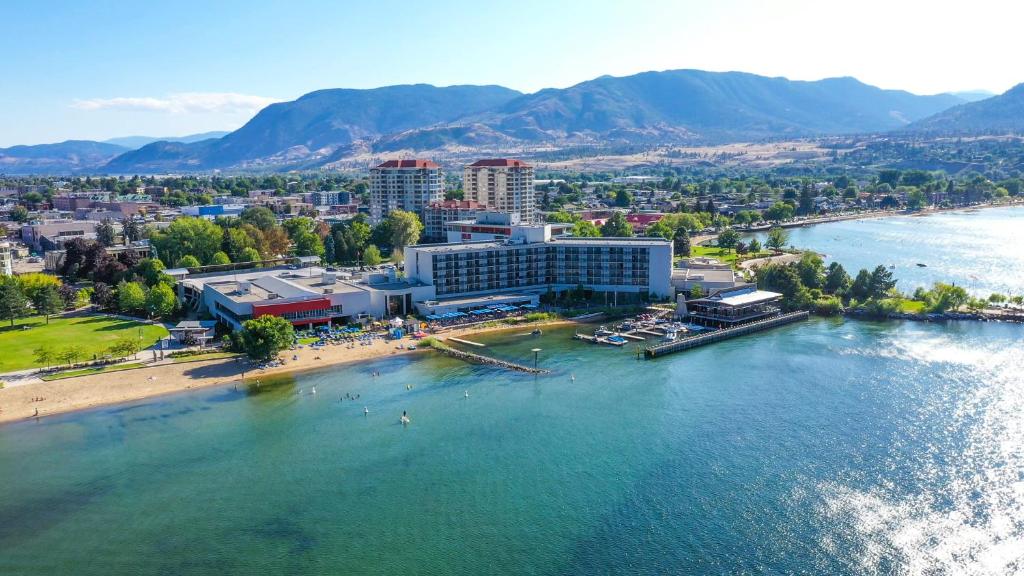 an aerial view of a city on the water at Penticton Lakeside Resort in Penticton