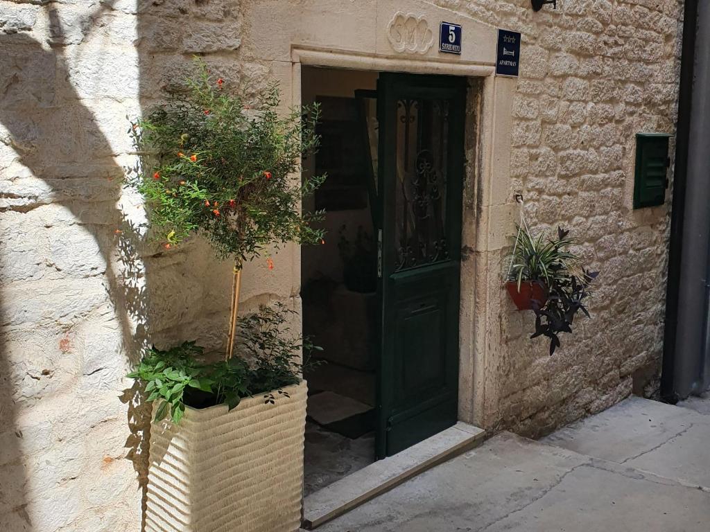 un edificio con una puerta verde y una planta en Old Town Studio, en Šibenik