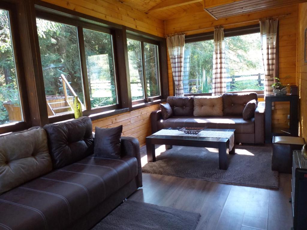 ein Wohnzimmer mit Sofas und einem Couchtisch in der Unterkunft Lotus chalet in Borzont