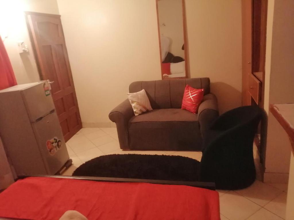 a living room with a brown couch and red pillows at Warm and Homely Studio Apartment in Mombasa