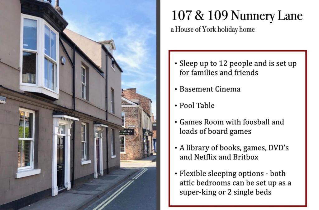 a flyer for a house of your holiday home at 107 and 109 Nunnery Lane in York