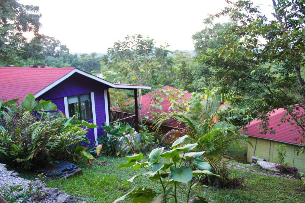 une petite maison avec un toit rouge et un jardin dans l'établissement Winíka Alterra, à Palenque