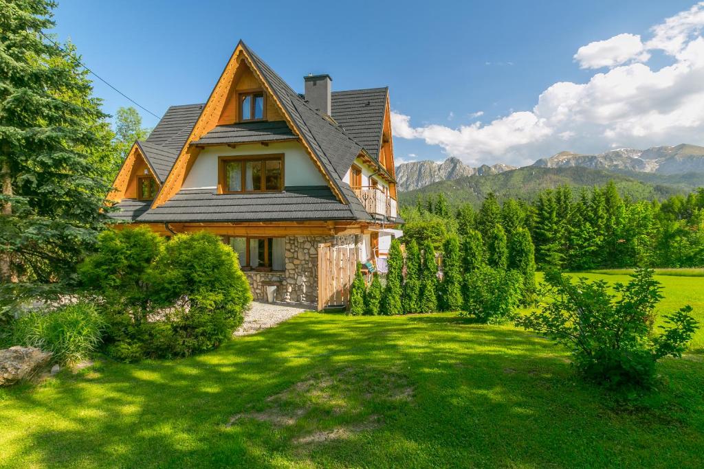 a house in the mountains with a green yard at Willa Sosna in Kościelisko