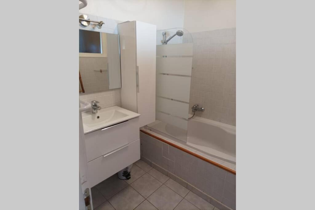 een badkamer met een bad, een wastafel en een douche bij La Céret'nitude in Céret
