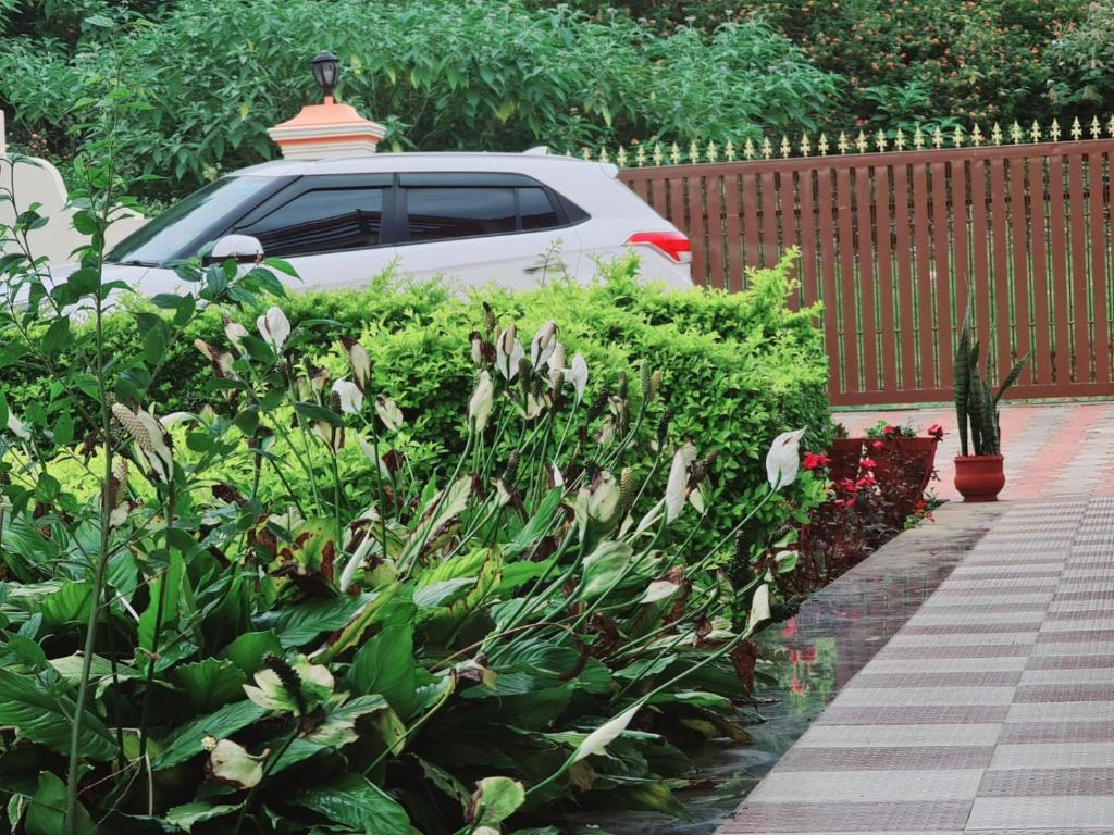 a white car parked in a garden with a fence at Hidden Heaven in Coonoor