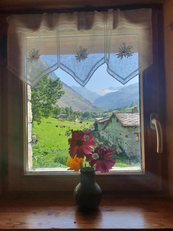 
a vase filled with flowers sitting on a window sill at Chalet Le Bois Joli in Bonneval-sur-Arc
