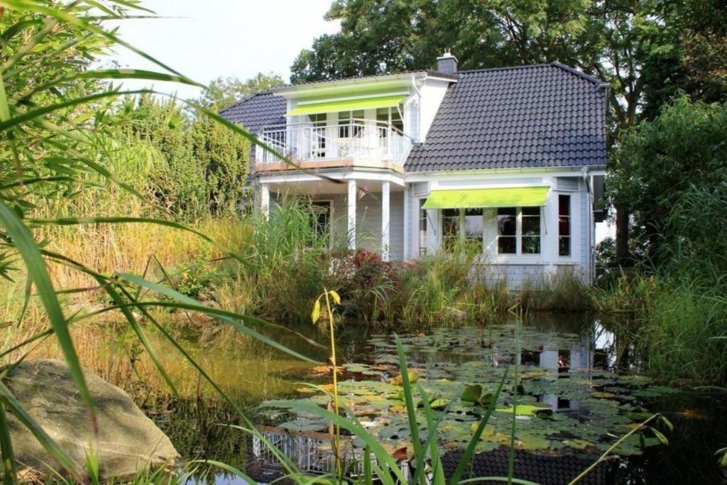 a house with a pond in front of it at Villa Recknitztal Marlow in Marlow