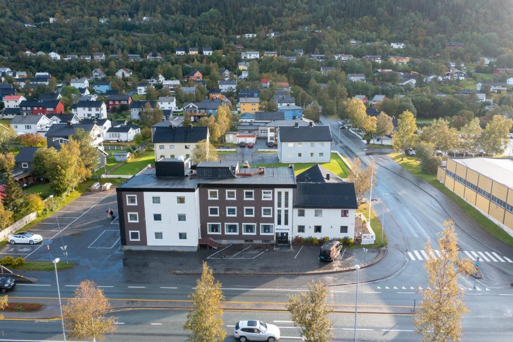 an aerial view of a town with a street at Mosjøen Hotel in Mosjøen