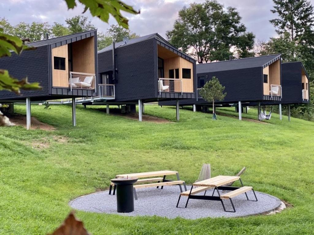 a group of black modular houses in a field at Naturlodges Edersee - Lodge #1 in Hemfurth-Edersee