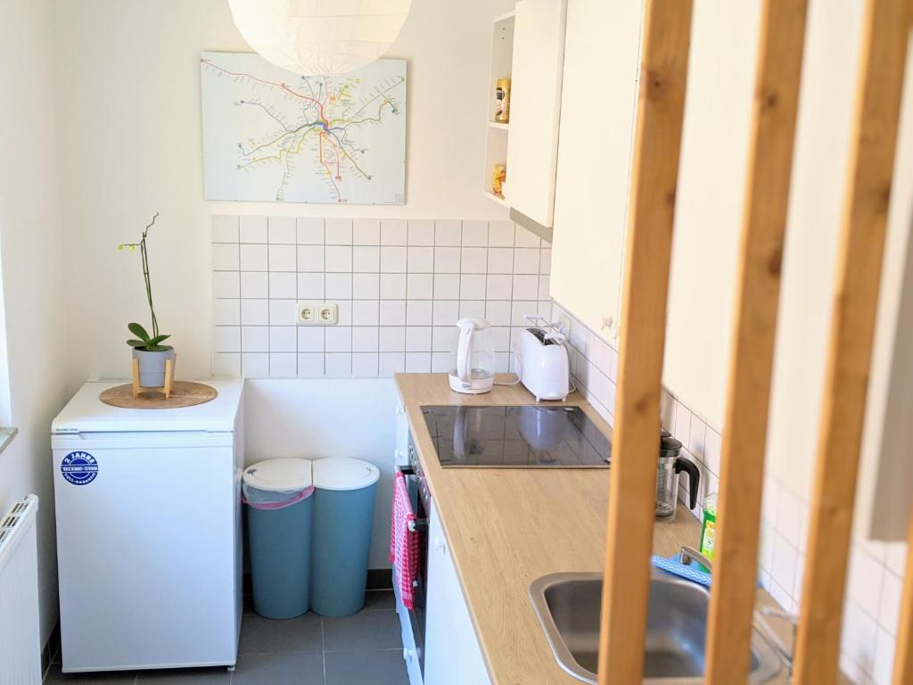 Elle comprend une petite cuisine équipée d'un évier et d'un réfrigérateur. dans l'établissement Apartment No. 55 - 10 Min to city centre, à Leipzig
