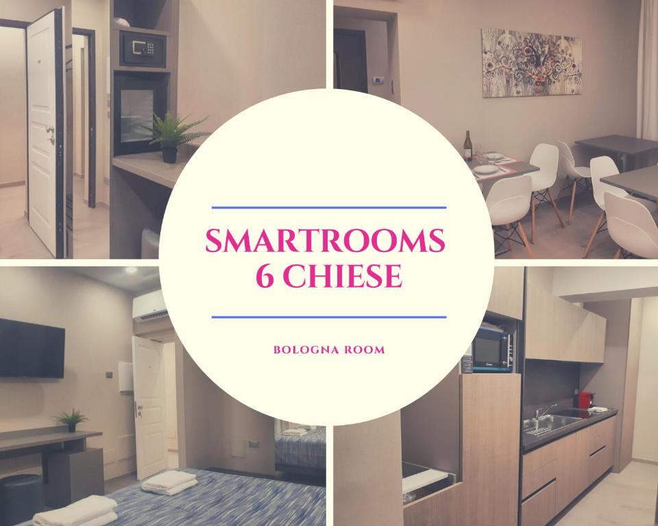 un collage di foto di una cucina e di un soggiorno di Smart Apartment Sei Chiese - Affitti Brevi Italia a Bologna