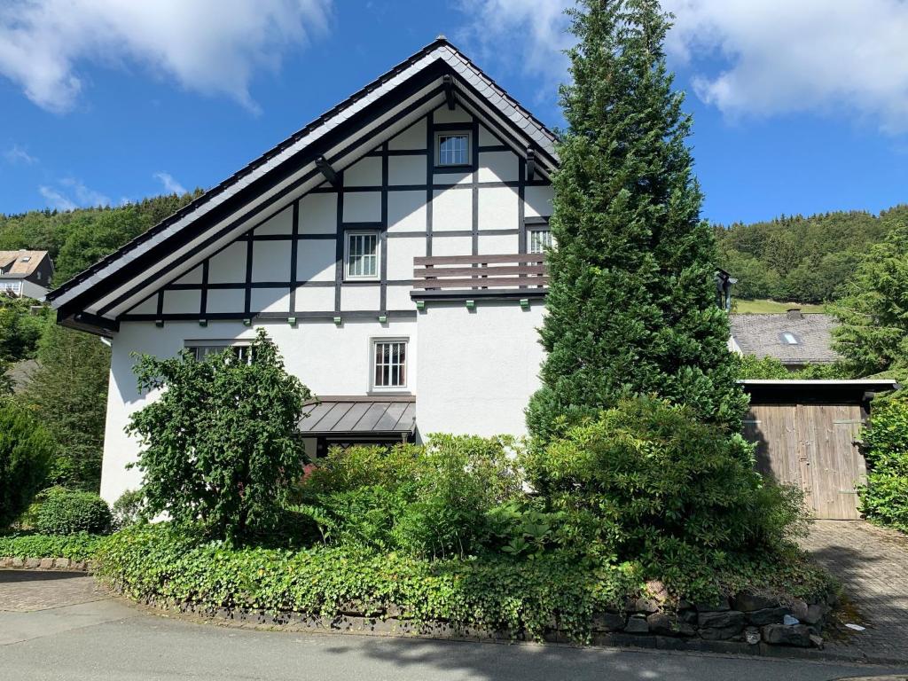 a white and black house with a tree at Ferienhaus Landhaus am Bach in Winterberg