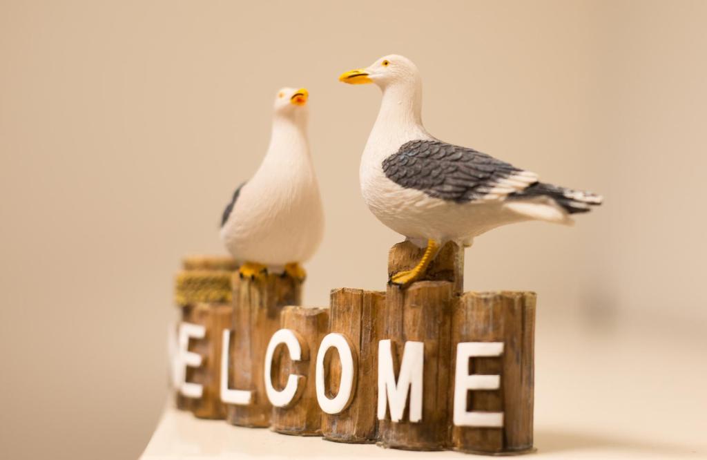two birds sitting on a wooden post with the word welcome at Ostsee - Appartement Nr 63 "Möwennest" im Strand Resort in Heiligenhafen