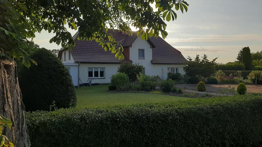 ein weißes Haus mit Rasen davor in der Unterkunft Ferienwohnung im Zanderhaus in Sabel