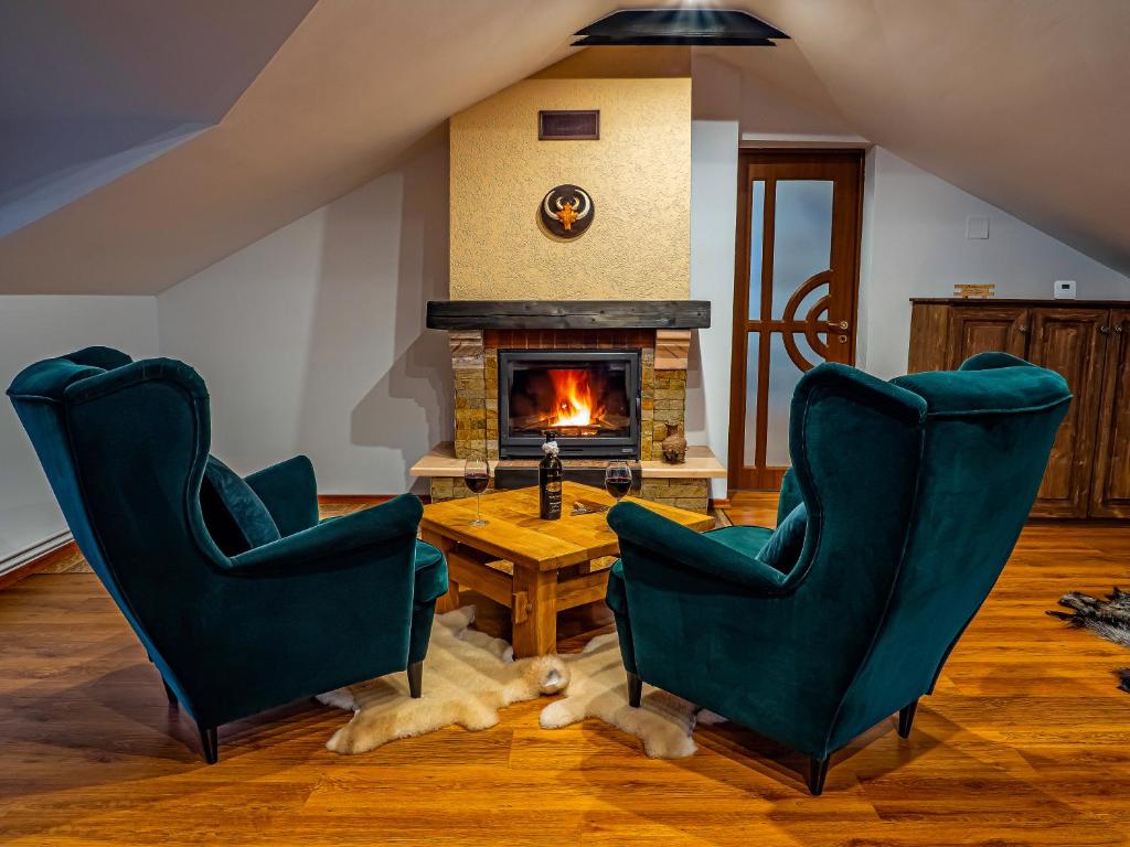a living room with two chairs and a table and a fireplace at Casa Delia in Câmpulung Moldovenesc