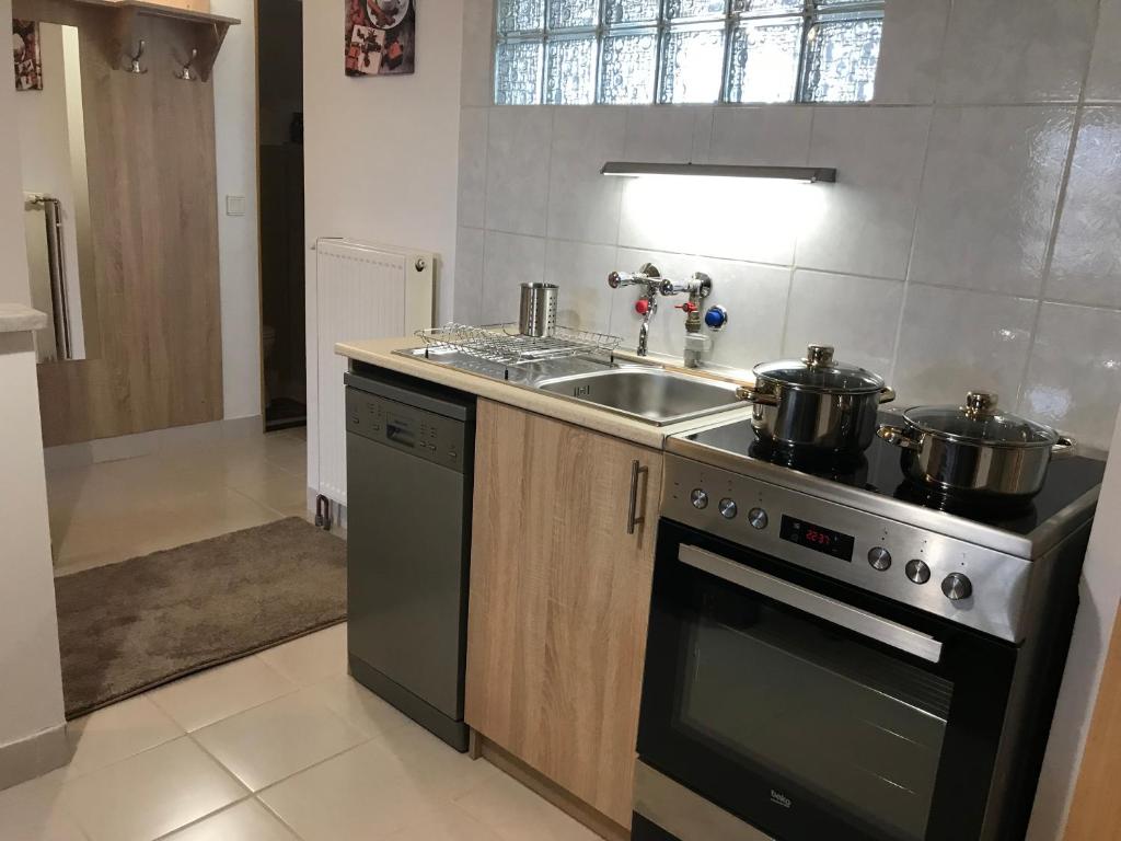 Kuchyň nebo kuchyňský kout v ubytování Prána Apartman