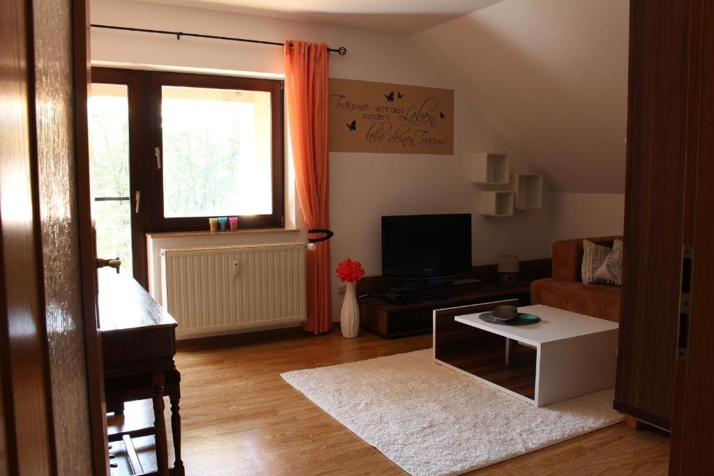 uma sala de estar com um sofá e uma televisão em Ferienwohnung Krick em Bad Soden-Salmünster