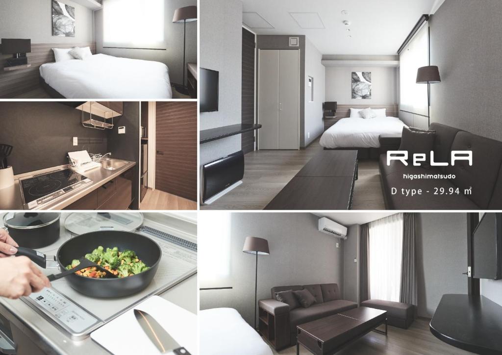 un collage de photos d'une chambre d'hôtel dans l'établissement ReLA Higashimatsudo - Vacation STAY 67551v, à Matsudo