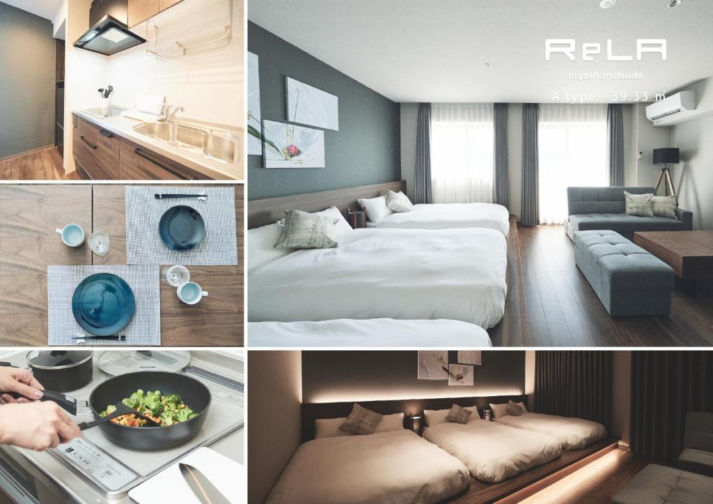 a collage of photos of a hotel room at ReLA Higashimatsudo - Vacation STAY 66379v in Matsudo
