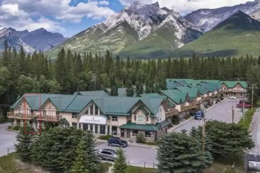 an aerial view of a resort with mountains in the background at Banff Gate vacation townhouse in Canmore