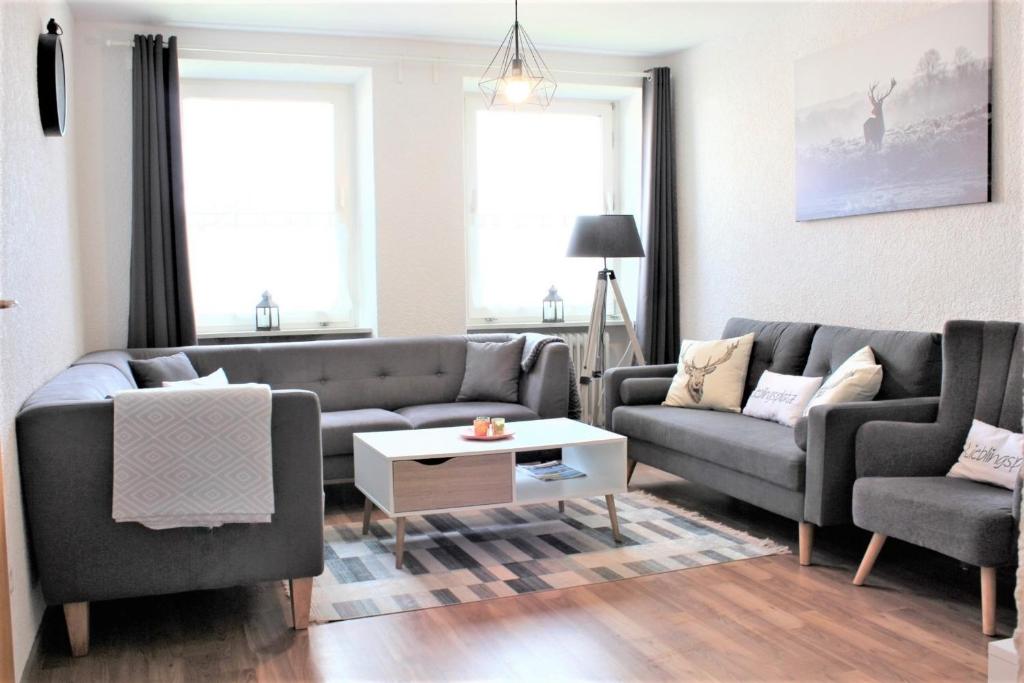 a living room with two couches and a coffee table at Ferienhaus Waldshut-Tiengen 2-10 Personen in Waldshut-Tiengen