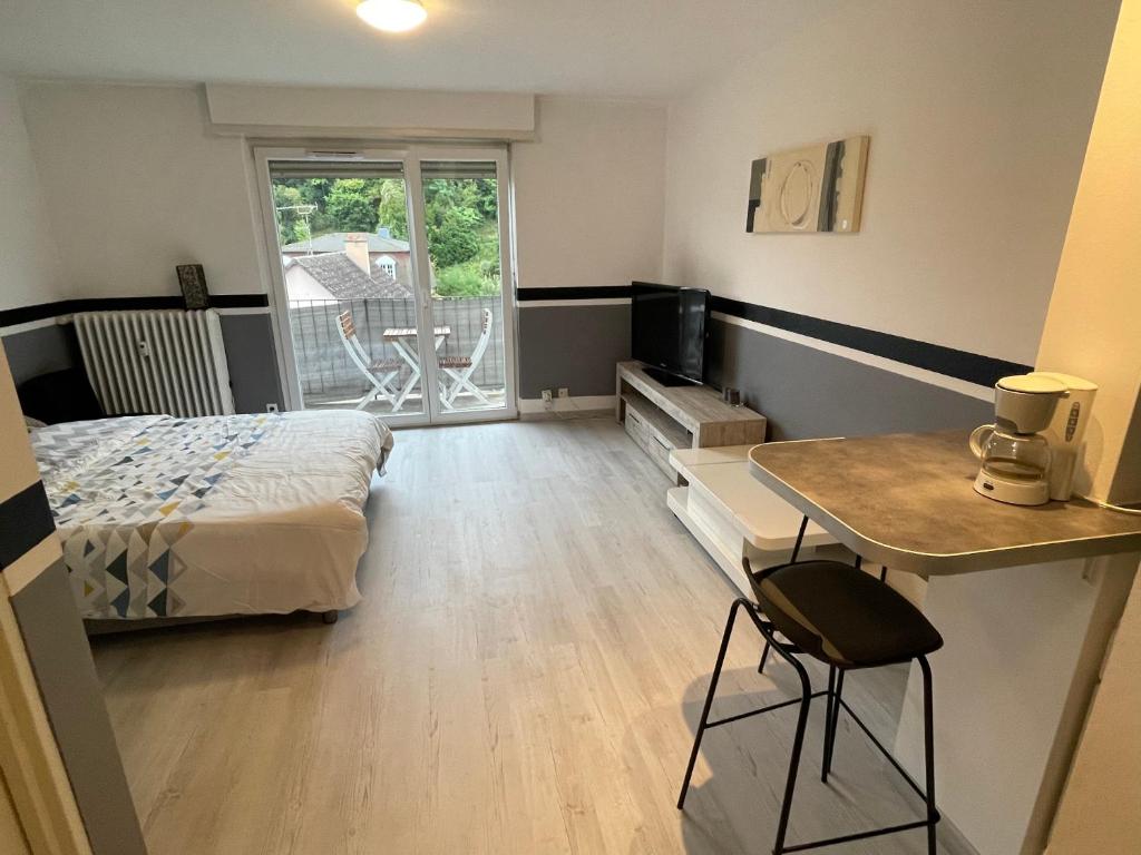Schlafzimmer mit einem Bett, einem Schreibtisch und einem Tisch in der Unterkunft F1 Terrasse Hydromassage LED, Colmar à 5min, calme in Wintzenheim
