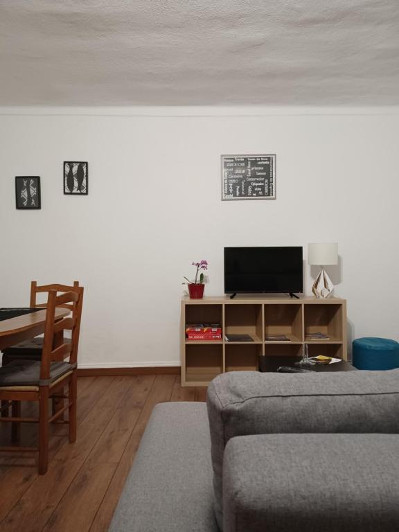 a living room with a couch and a television at De Cá - suite com acesso independente e kitchenette in Lousã
