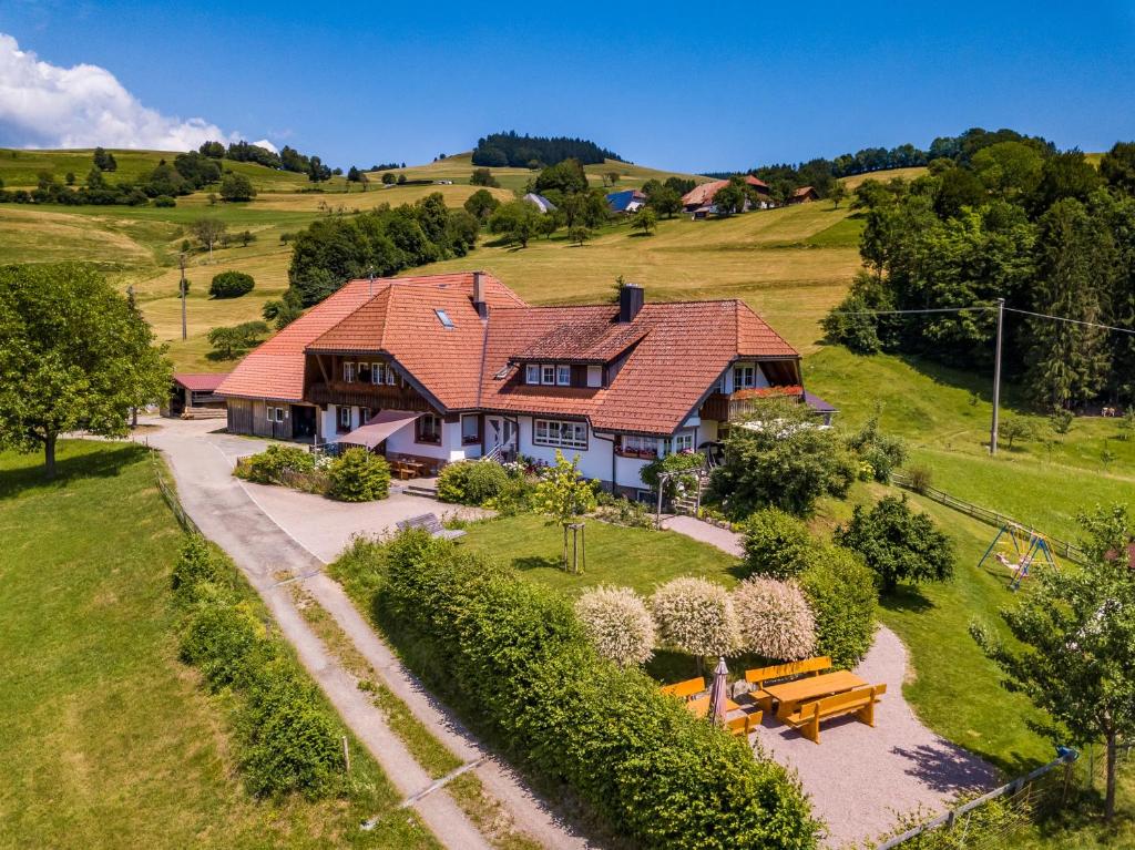 uma vista aérea de uma casa com uma mesa de piquenique em Ferienhof Wuchner - Fewo "Sommerwiese" em Fröhnd